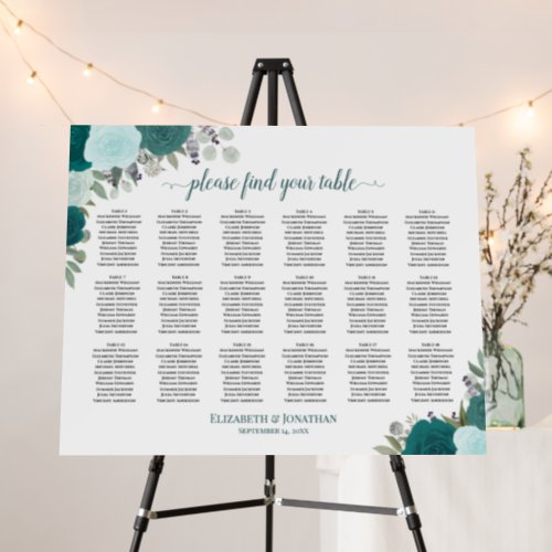 18 Table Teal Boho Floral Wedding Seating Chart Foam Board