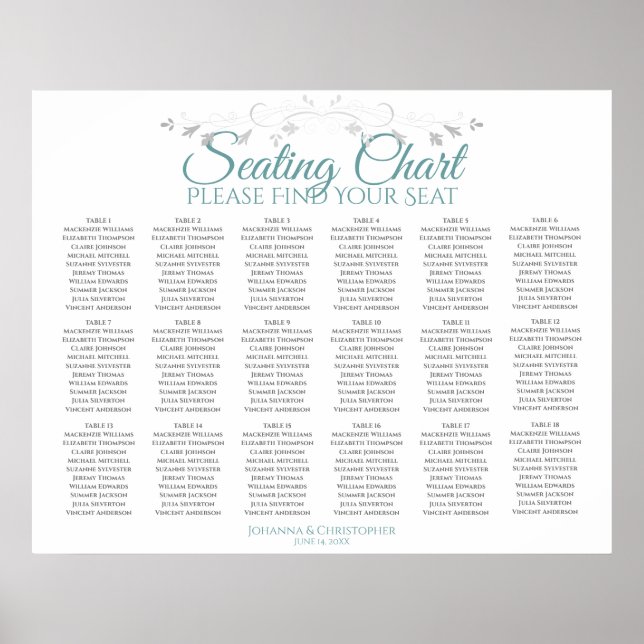 18 Table Teal & Gray Wedding Seating Chart (Front)