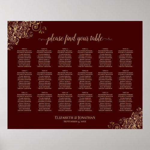 18 Table Wedding Seating Chart Auburn  Lacy Gold