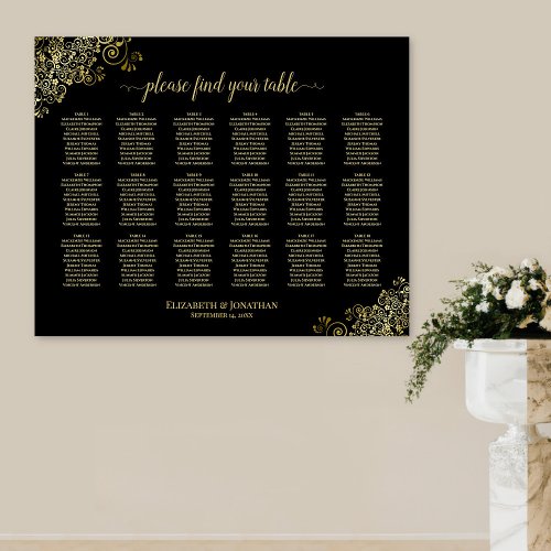 18 Table Wedding Seating Chart Black  Gold Frills