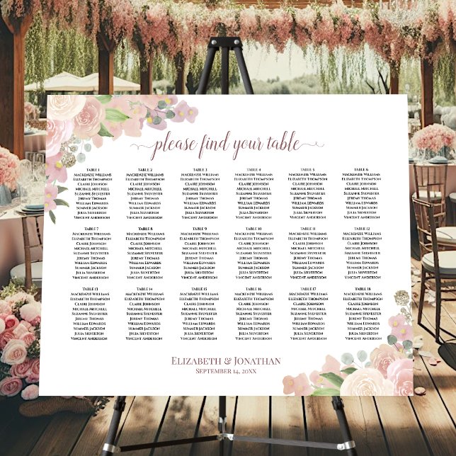 18 Table Wedding Seating Chart Blush Pink Floral Foam Board (On Stand)
