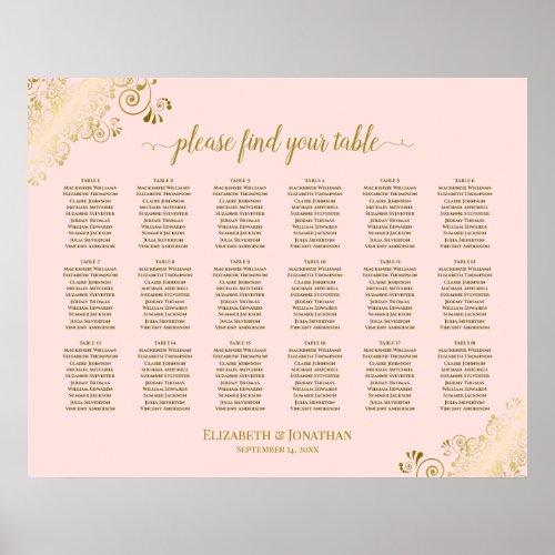 18 Table Wedding Seating Chart Blush Pink  Gold