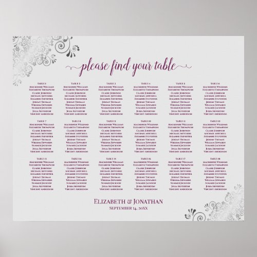 18 Table Wedding Seating Chart Cassis on Gray