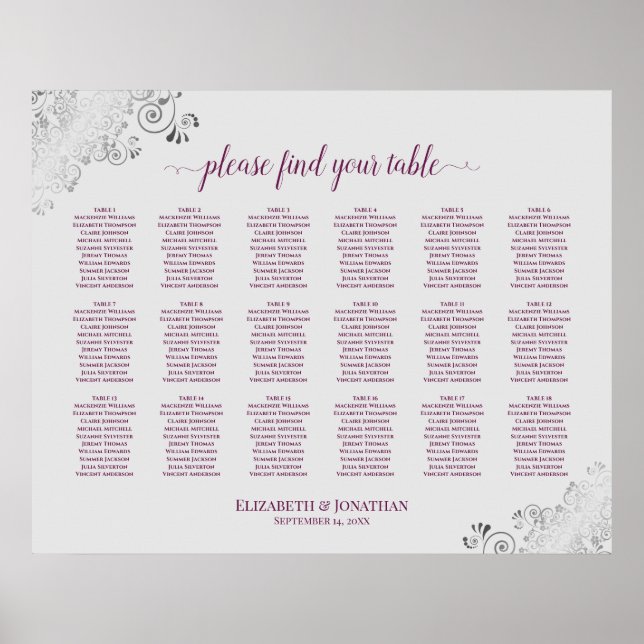 18 Table Wedding Seating Chart Cassis on Gray (Front)