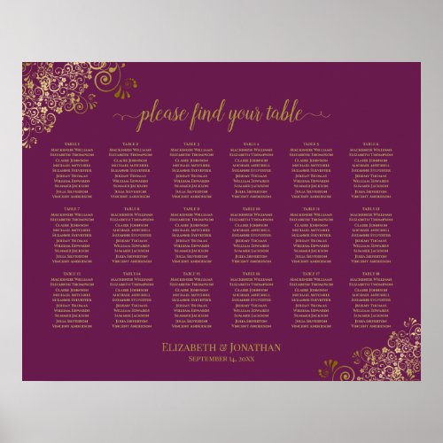 18 Table Wedding Seating Chart Cassis Purple Gold