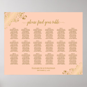 18 Table Wedding Seating Chart Coral Peach & Gold