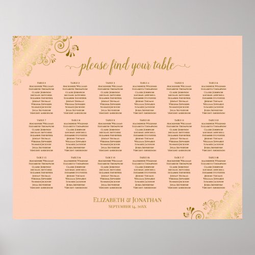 18 Table Wedding Seating Chart Coral Peach  Gold