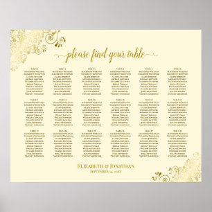 18 Table Wedding Seating Chart Cream & Gold Frills