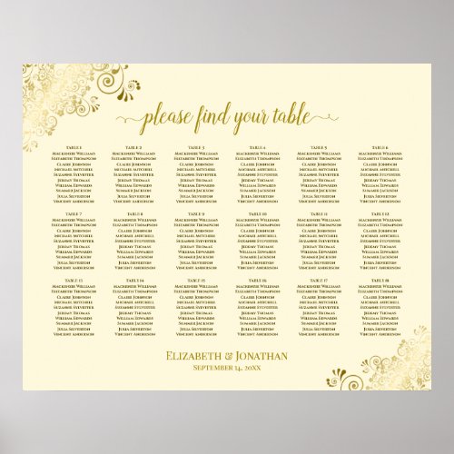 18 Table Wedding Seating Chart Cream  Gold Frills
