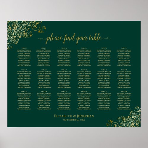18 Table Wedding Seating Chart Emerald Green Gold