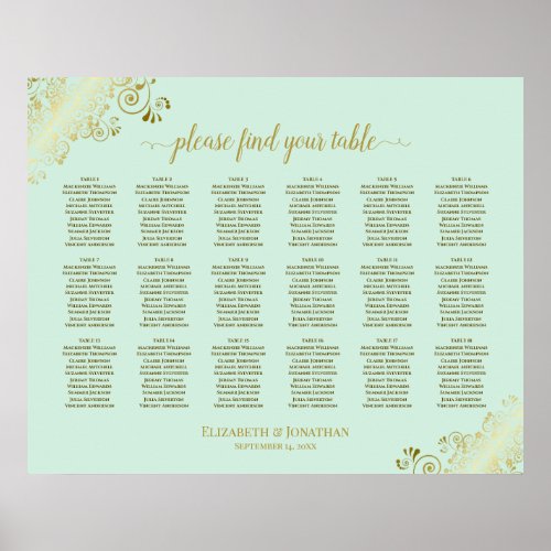 18 Table Wedding Seating Chart Mint Green  Gold