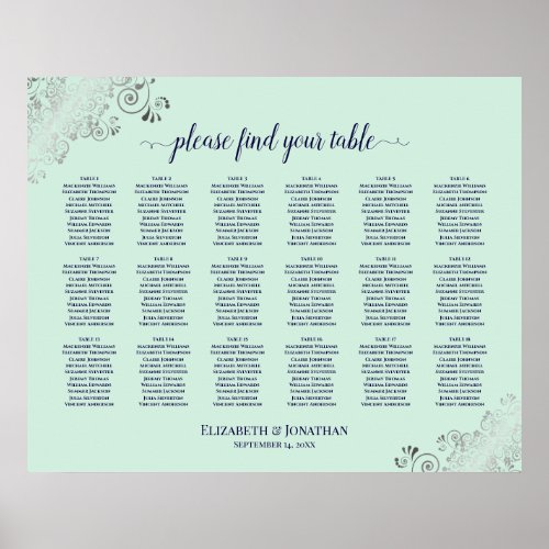 18 Table Wedding Seating Chart Mint Green  Navy