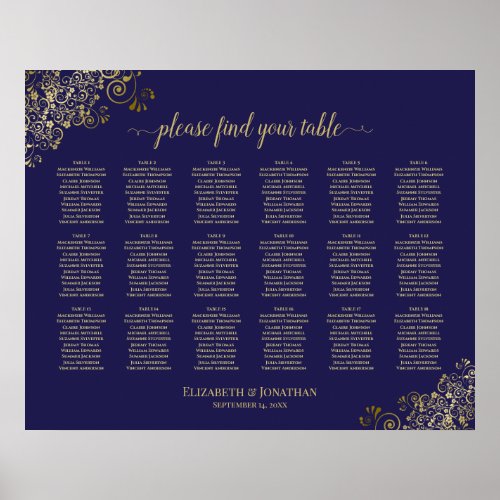 18 Table Wedding Seating Chart Navy Blue Lacy Gold