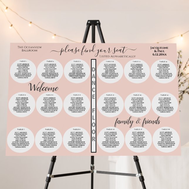 18 Table Wedding Seating Chart Pastel Blush Pink Foam Board (In Situ (Stand))