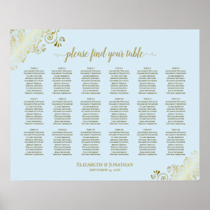 18 Table Wedding Seating Chart Powder Blue & Gold
