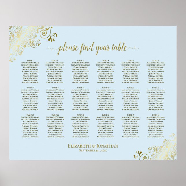 18 Table Wedding Seating Chart Powder Blue & Gold (Front)
