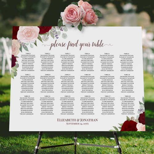 18 Table Wedding Seating Chart Red  Pink Floral Foam Board