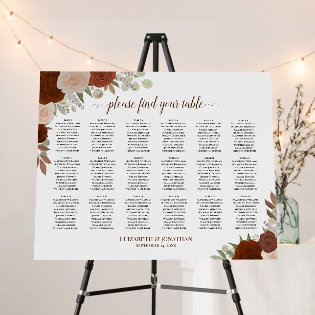 18 Table Wedding Seating Chart Rust Orange Floral Foam Board (In Situ (Stand))
