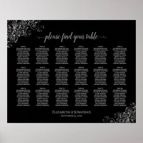 18 Table Wedding Seating Chart Silver Frills Black