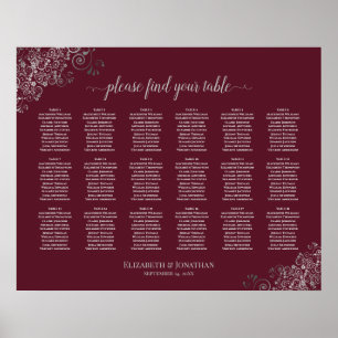18 Table Wedding Seating Chart Silver on Burgundy