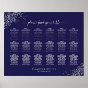 18 Table Wedding Seating Chart Silver on Navy Blue