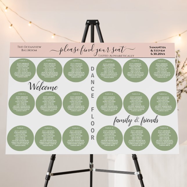 18 Table Wedding Seating Sage Green Pink Foam Board (In Situ (Stand))
