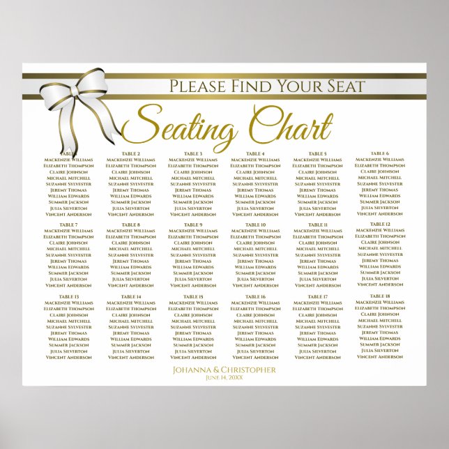 18 Table White & Gold Ribbon Wedding Seating Chart (Front)