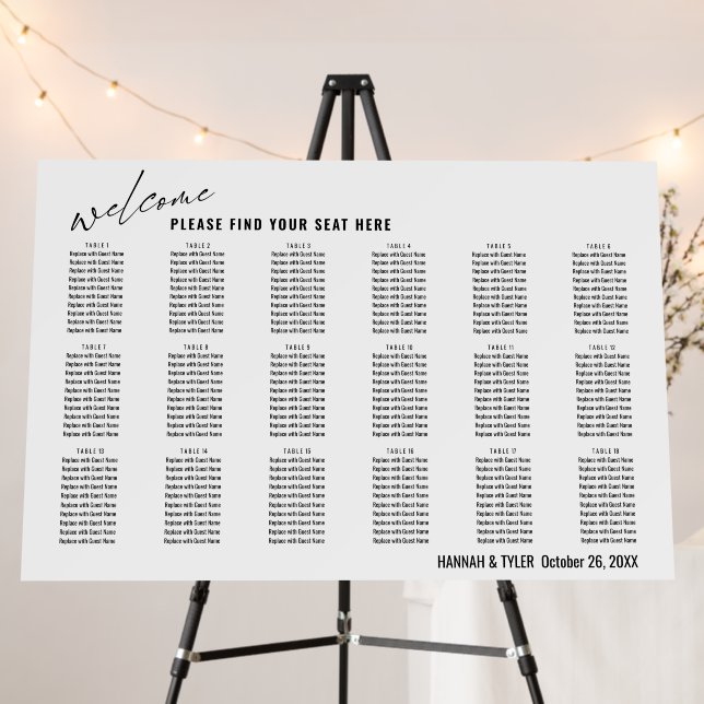 18 Tables Wedding Reception BW Seating Chart Foam Board (In Situ (Stand))