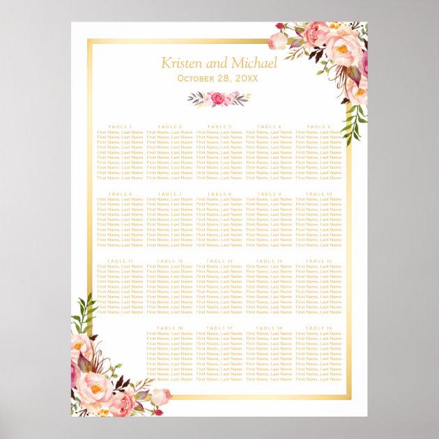18+ Tables Wedding Seating Chart Floral Gold Frame