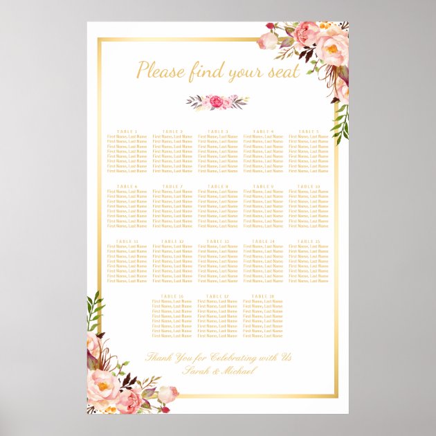 18 Tables Wedding Seating Chart Floral Gold Frame