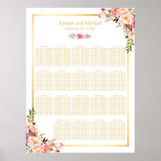 18+ Tables Wedding Seating Chart Floral Gold Frame Poster