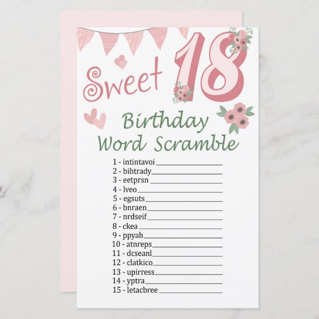 18 th Birthday Word Scramble Game (Front/Back)