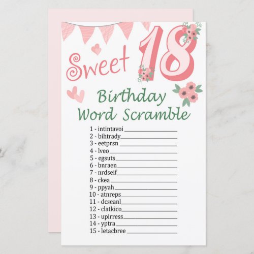 18 th Birthday Word Scramble Game