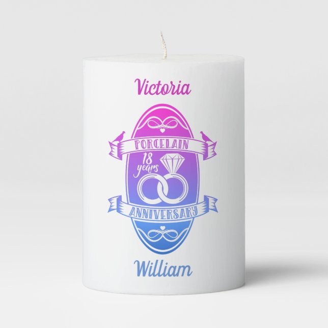 18 traditional Porcelain 18th wedding anniversary Pillar Candle (Front)