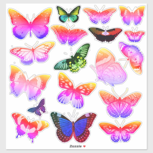 18 Vintage Art Butterflies, Rainbow, Purple, Green Sticker (Sheet)