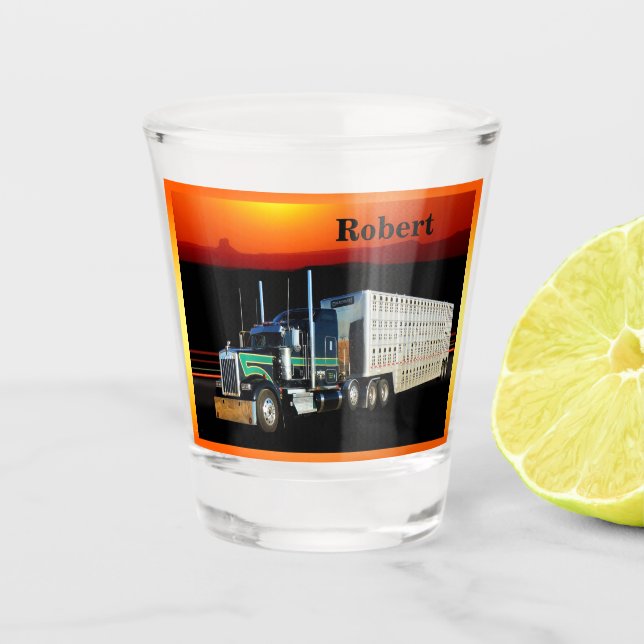 18 Wheeler Cattle Truck in Sunset Personalized Shot Glass (Front)