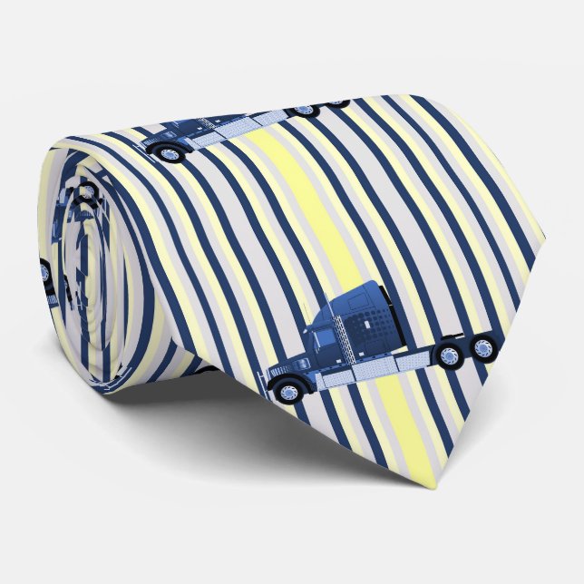 18 Wheeler Truck On Blue Stripe Neck Tie (Rolled)