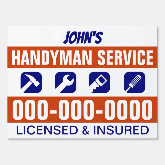 18" x 24" Blue and Orange Handyman Yard Sign (Front)
