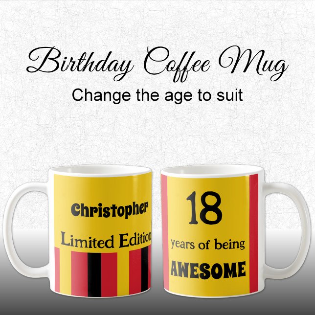 18 years of being awesome name yellow red coffee mug (Creator Uploaded)