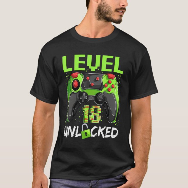 18 Years Old  Gamer Man Birthday Level 18 Unlocked T-Shirt (Front)