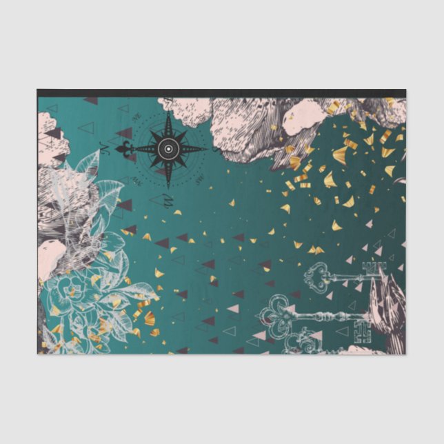 18lb Tissue Paper Dark Teal Ombré floral decoupage (Front)