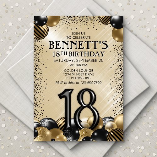 18th Balloons Black Gold Birthday Invitation