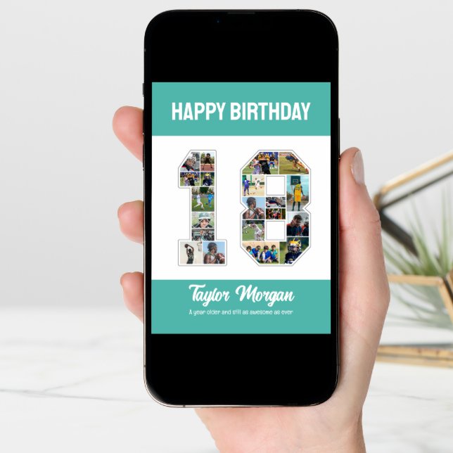 18th Birthday Anniversary Number 18 Photo Collage Card (Front Digital)