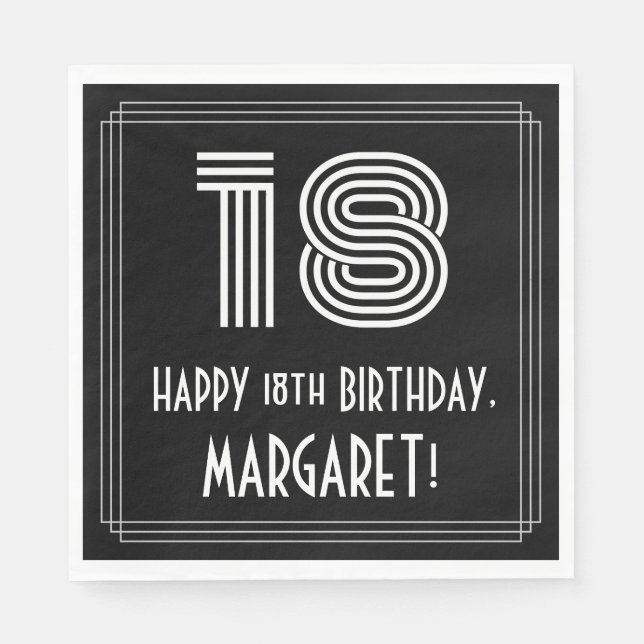 18th Birthday: Art Deco Inspired Look "18" + Name Napkins (Front)