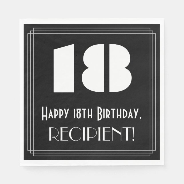 18th Birthday: Art Deco Inspired Look "18" + Name Napkins (Front)