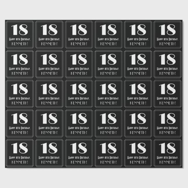 18th Birthday - Art Deco Inspired Look "18", Name Wrapping Paper (Flat)