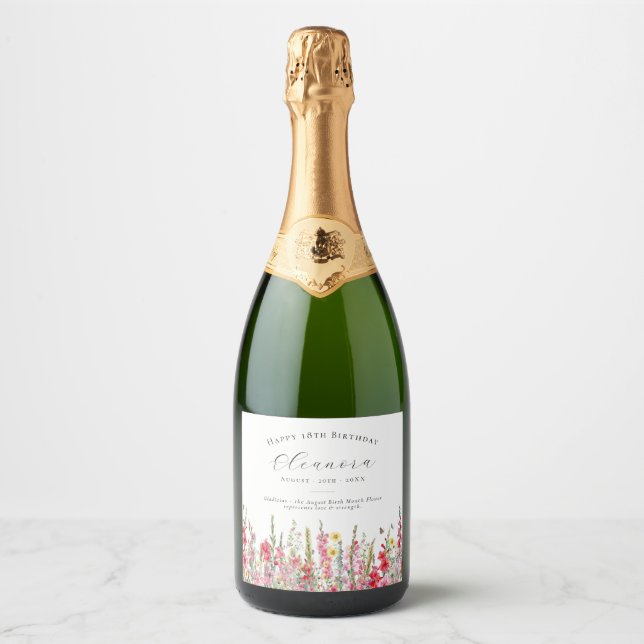 18th Birthday August Birth Flower Party Supplies  Sparkling Wine Label (Front)