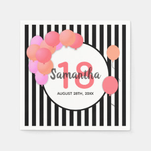 18th birthday balloon arch white black stripes napkins