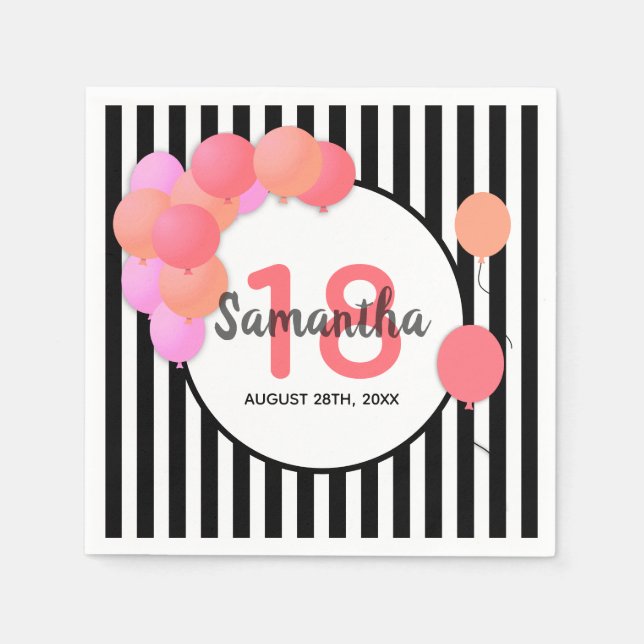 18th birthday balloon arch white black stripes napkins (Front)