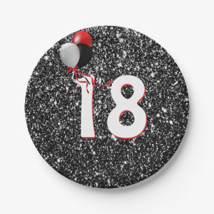 18th Birthday Balloons on Black Glitter Paper Plates